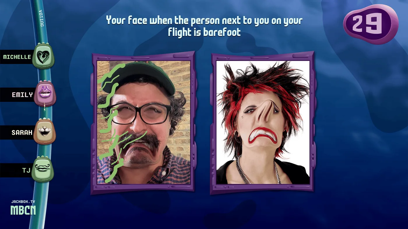 Gameplay screenshot of Hyperface in Jackbox Party Pack 12 highlighting mobile photo manipulation tools.