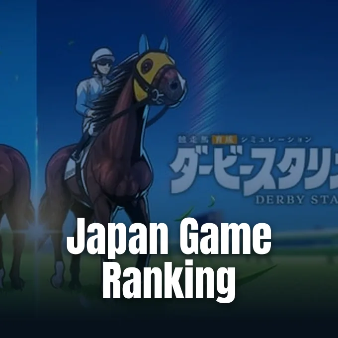 A jockey riding a racehorse on a track alongside visual artwork for Derby Stallion.