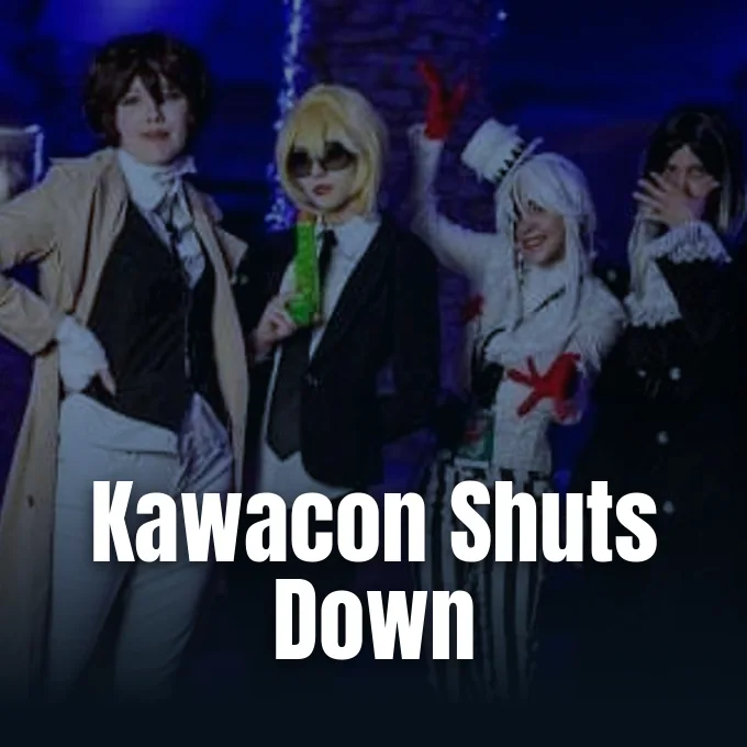 Cosplayers dressed in anime costumes pose together at a convention hall.