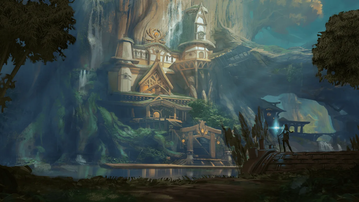 Landscape view of Kena Scars of Kosmora showing a large tree structure and waterfalls.