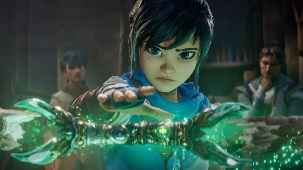 Artwork for Kena Scars of Kosmora depicting Kena holding her Spirit Guide staff.