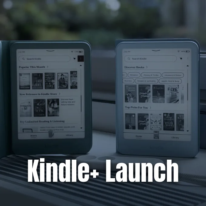 Two Kindle e-reader devices standing side by side displaying book covers on their screens