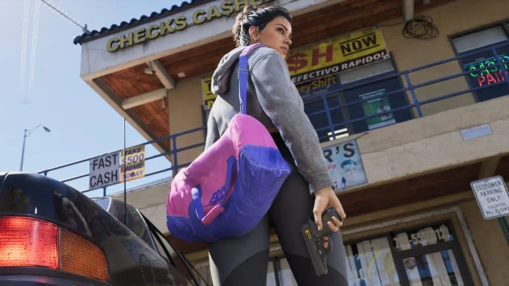 Promotional image depicting Lucia robbing a store in Grand Theft Auto 6