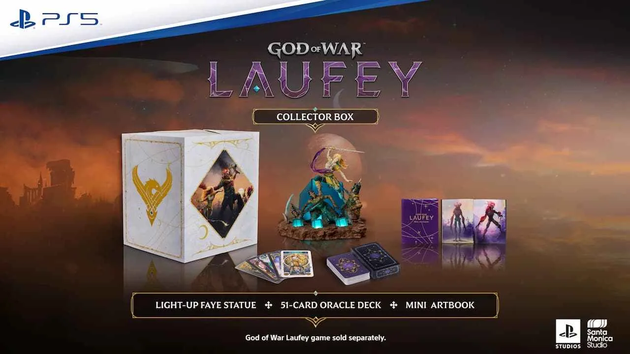 Promotional product layout showing the Laufey Collector Box contents and Faye statue.