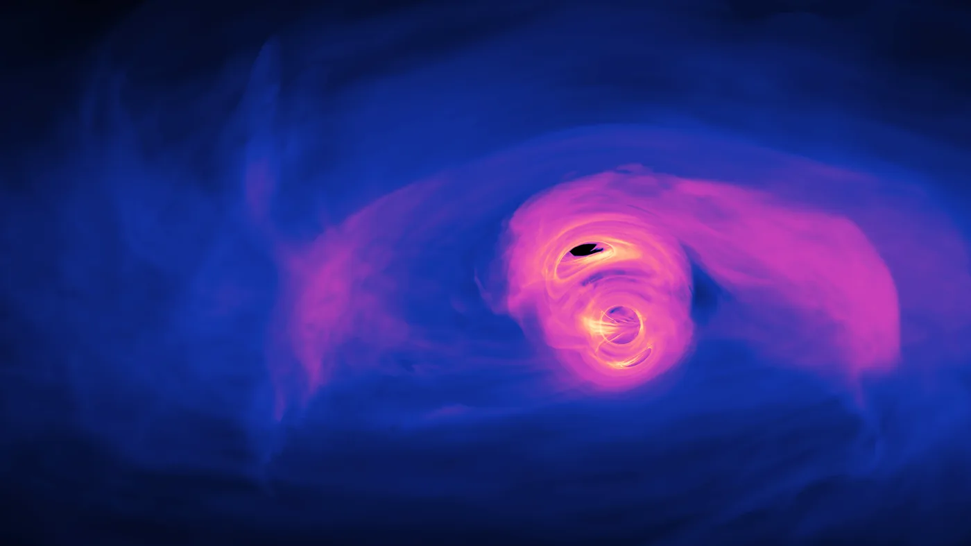 Simulation showing gravitational distortions around two orbiting supermassive black holes.
