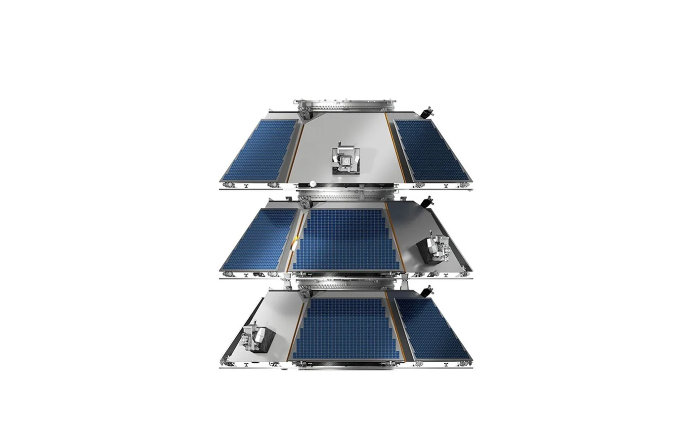 Three identical LISA satellites stacked in launch configuration.