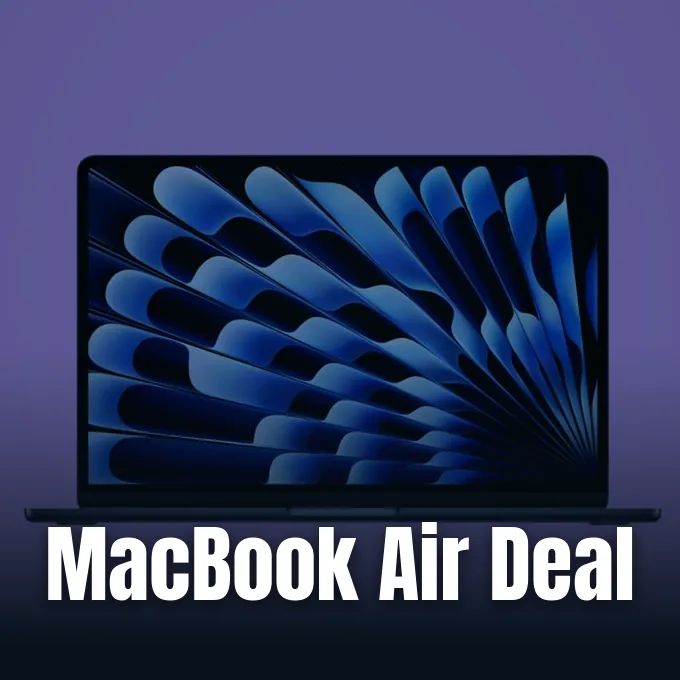A dark blue MacBook Air laptop open against a clean purple studio background displaying wallpaper.