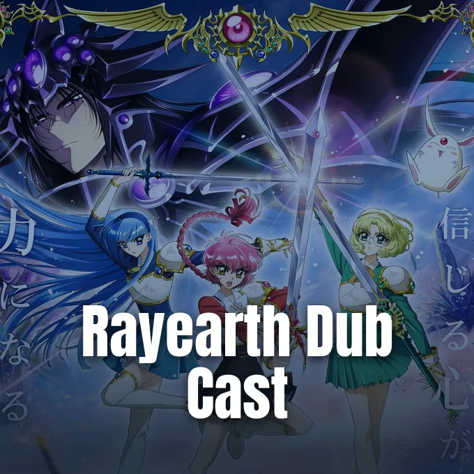 Promotional key visual featuring the main characters of Magic Knight Rayearth holding glowing swords together