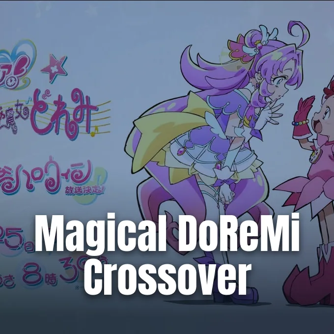 Anime characters from Star Detective Precure and Magical DoReMi interact against a light blue promotional background.
