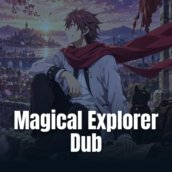 An anime male protagonist with a red scarf sits against a fantasy cityscape background.