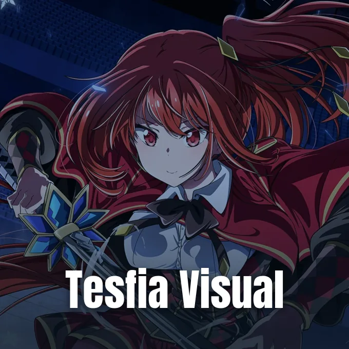 Character visual of Tesfia Fable with red hair holding a magic sword in anime style