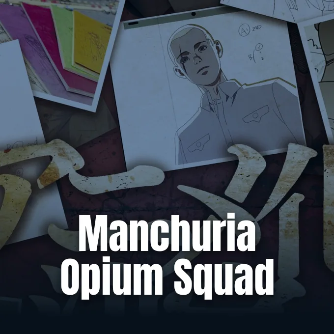 Anime production sketches and character concept art sheets lying on a desk for Manchuria Opium Squad.