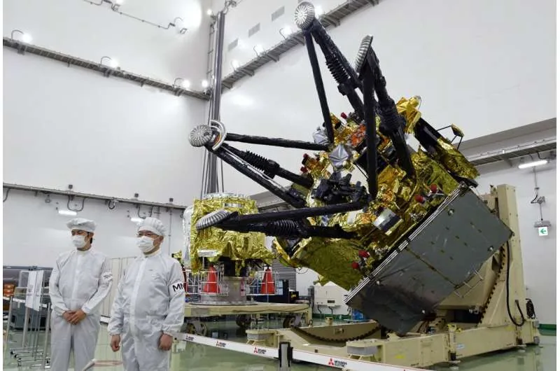 Spacecraft hardware for the MMX mission displayed at Tanegashima Space Center.