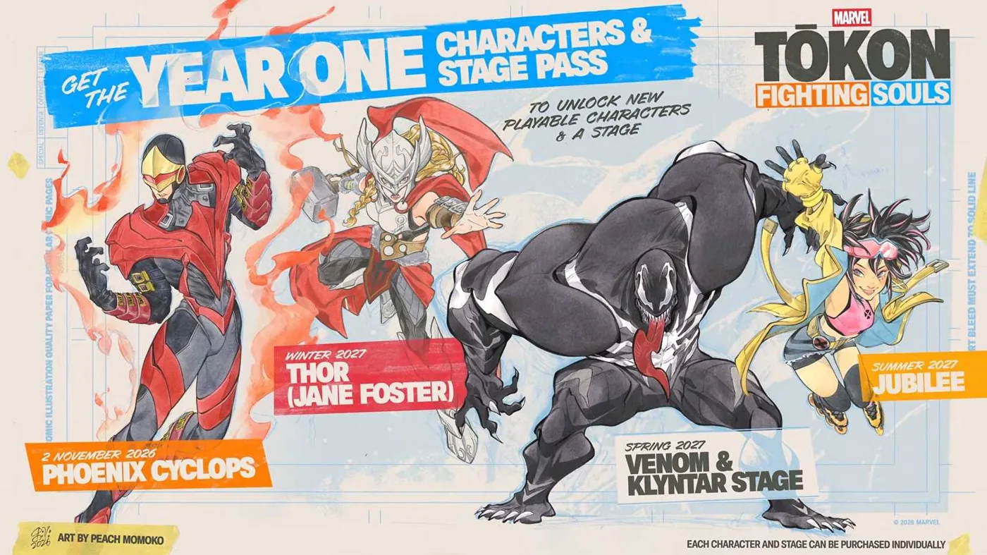 The four Year 1 DLC fighters for Marvel Tokon: Fighting Souls displayed in promotional character art.