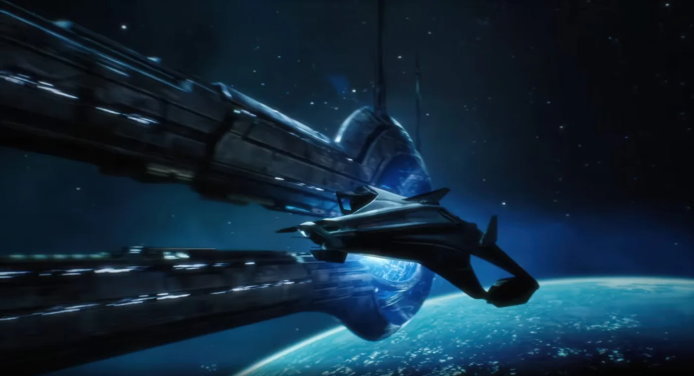 A spaceship approaches a space station in Mass Effect Universe details.