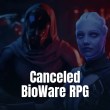 An Asari character and a hooded figure from Mass Effect standing against a dark background.