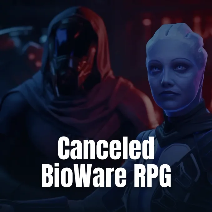 An Asari character and a hooded figure from Mass Effect standing against a dark background.