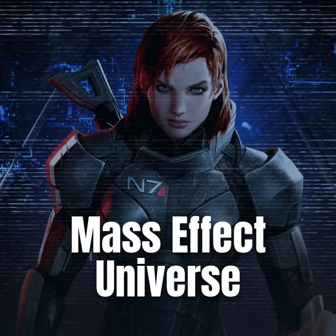 Female Commander Shepard in N7 armor looking forward against a blue futuristic digital background.