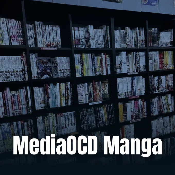 Bookshelves filled with numerous printed manga volumes neatly organized in a bookstore display