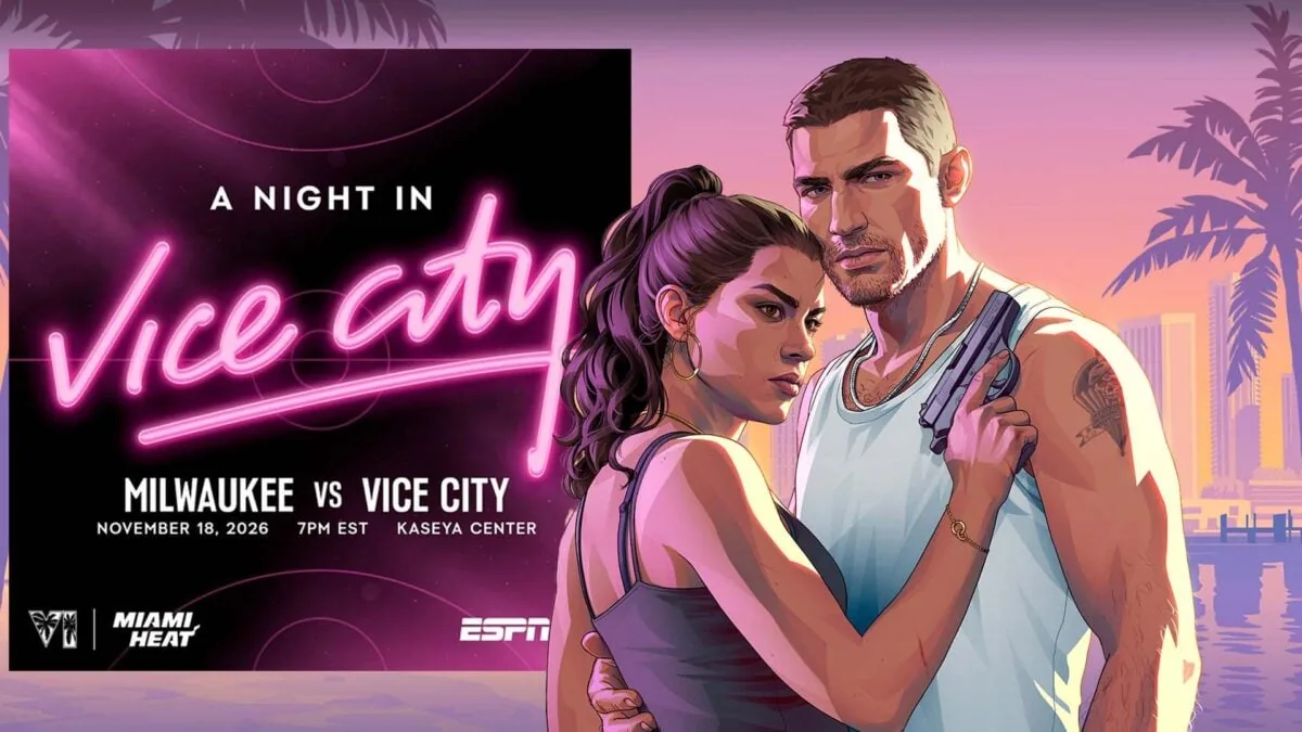 Promotional banner detailing the Miami Heat Vice City takeover game against the Milwaukee Bucks.