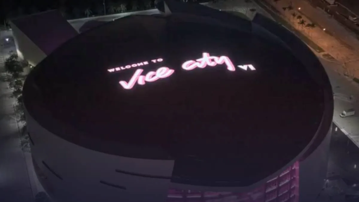 Miami Heat Vice City Night promotional visual announcing the Grand Theft Auto 6 theme at Kaseya Center.