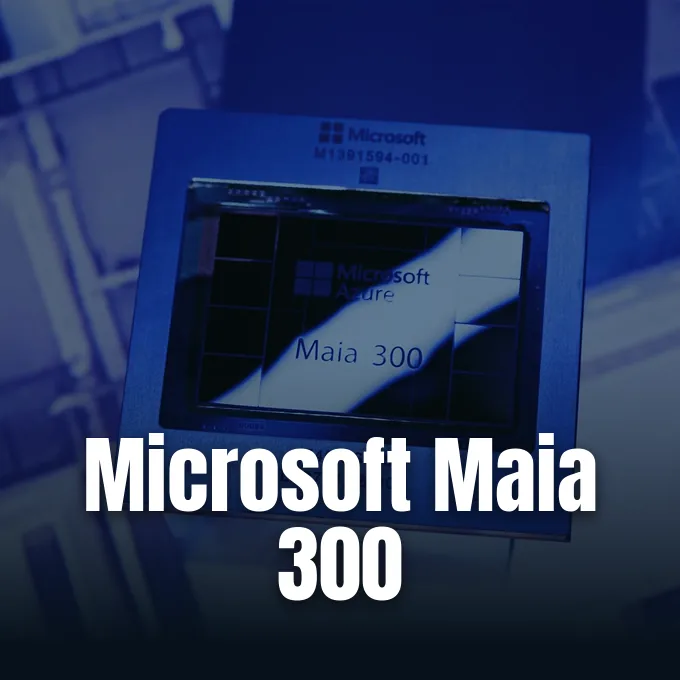 A close-up view of a blue-tinted Microsoft Azure Maia AI processor chip in a datacenter environment.
