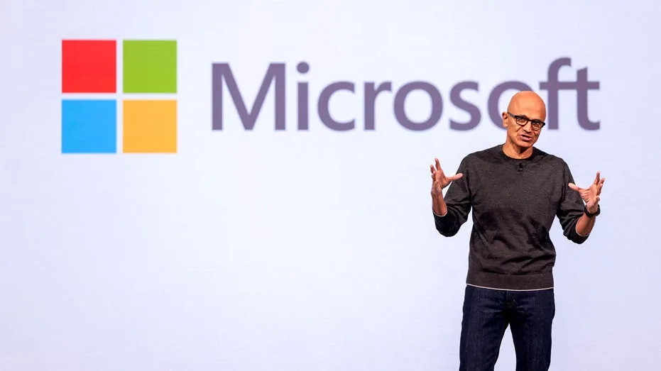 Microsoft CEO Satya Nadella delivers a keynote address.