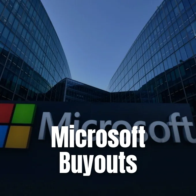 A modern glass office building exterior featuring the Microsoft corporate logo under an overcast sky.