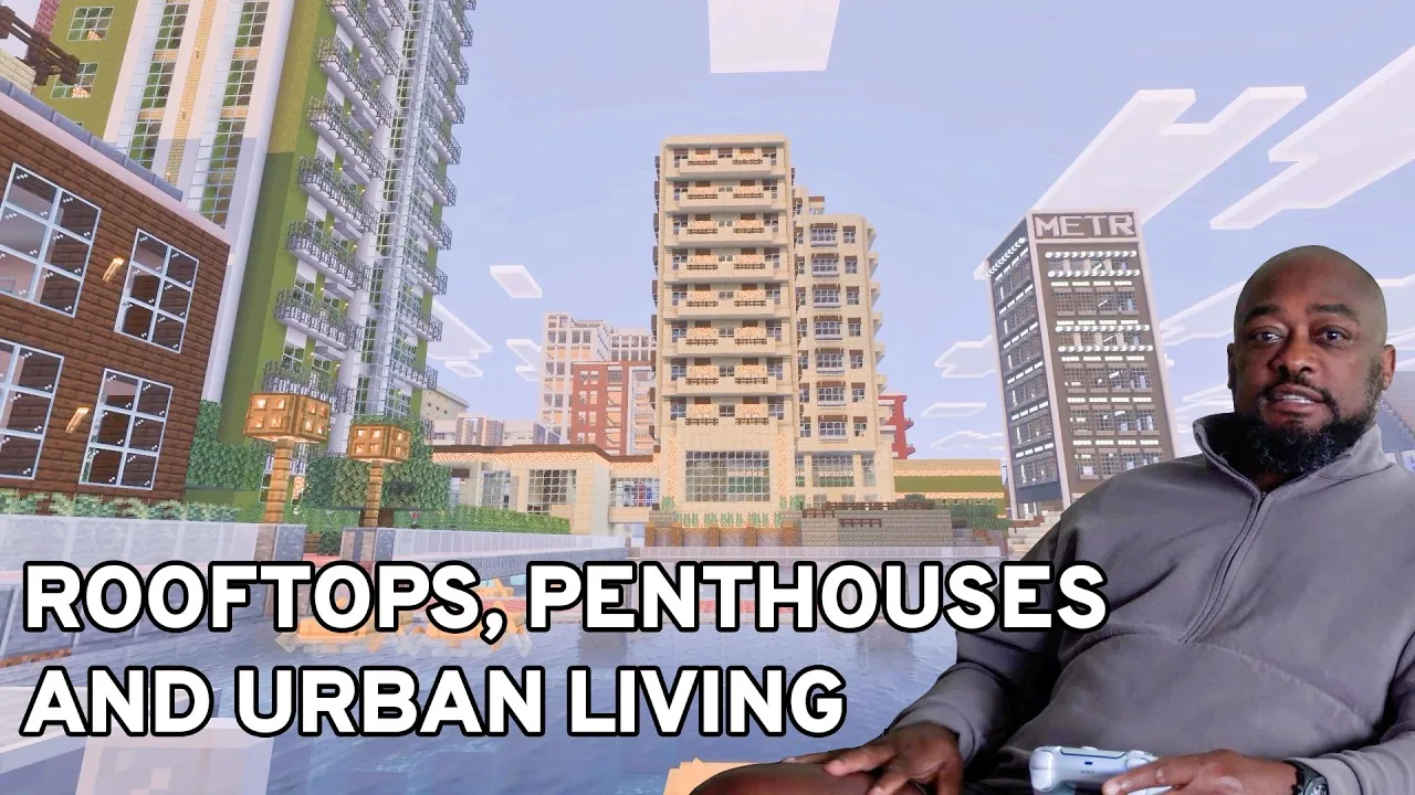 Title screen for episode one of Mike Tomlin's Minecraft city video tour series on YouTube.