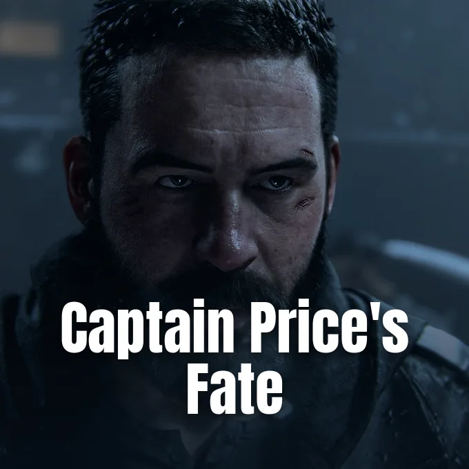 Dramatic close-up shot of Captain Price looking intently forward in a dark atmosphere