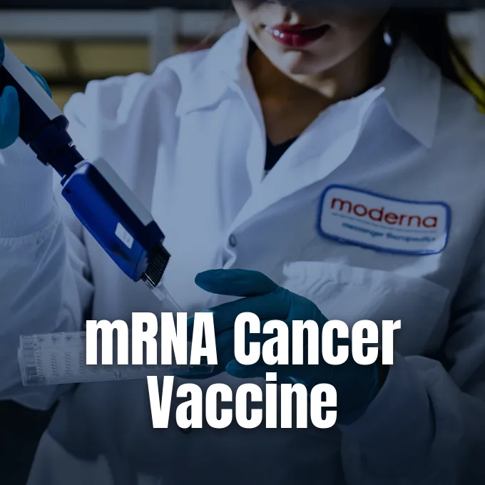 A scientist wearing a lab coat with a Moderna logo works with a multichannel pipette in a laboratory.