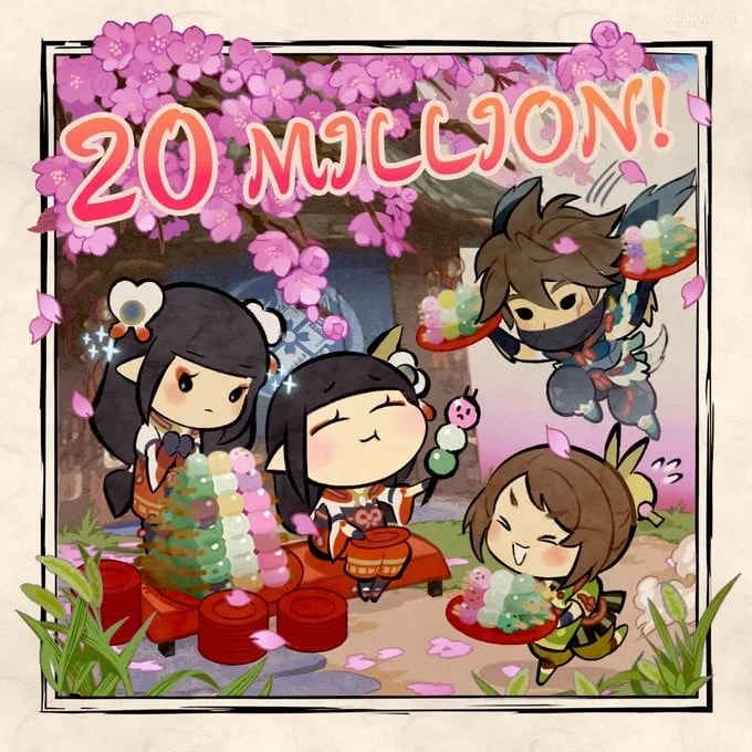 Capcom special celebratory artwork for Monster Hunter Rise featuring hunters eating Bunny Dango.