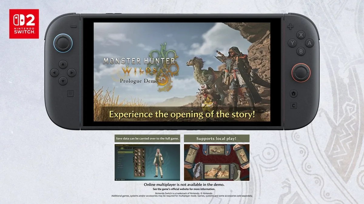 Capcom promotional key visual for Monster Hunter Wilds Switch featuring a hunter.