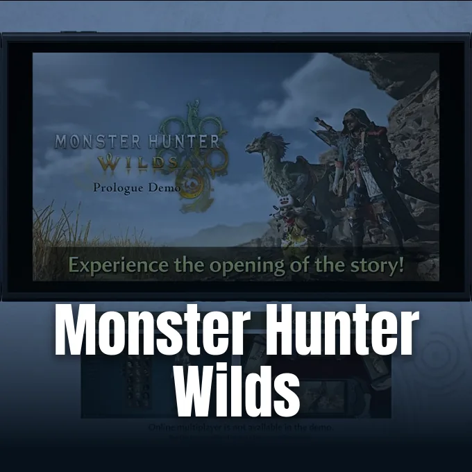 A handheld console screen displaying the Monster Hunter Wilds Prologue Demo start screen with characters and scenery.