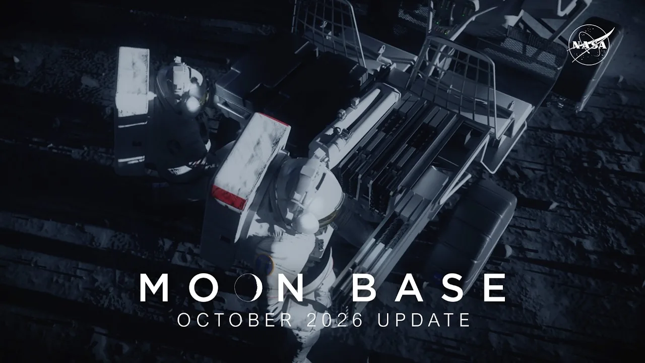 NASA video presentation title card for Moon Base rovers and lunar terrain vehicles