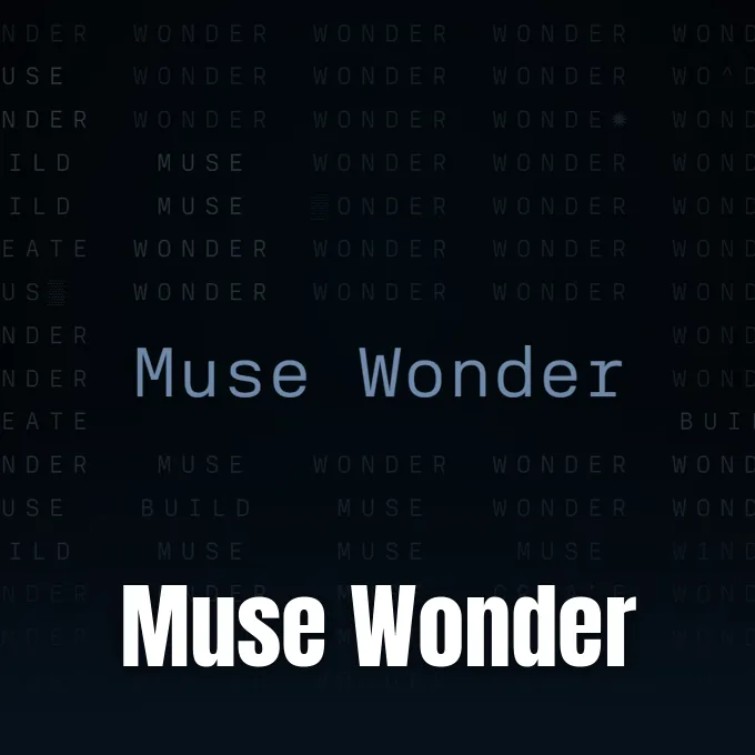A dark graphic background covered with repeating words featuring the blue text Muse Wonder in the center