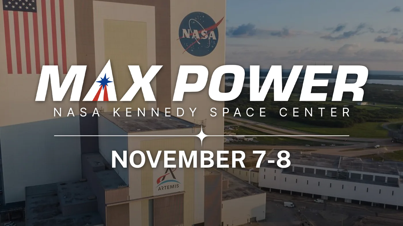Promotional banner graphic for NASA MAX POWER at Kennedy Space Center.