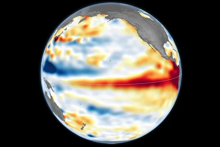 Sentinel-6 satellite measurements tracking sea surface height and warm water distribution in the Pacific basin.