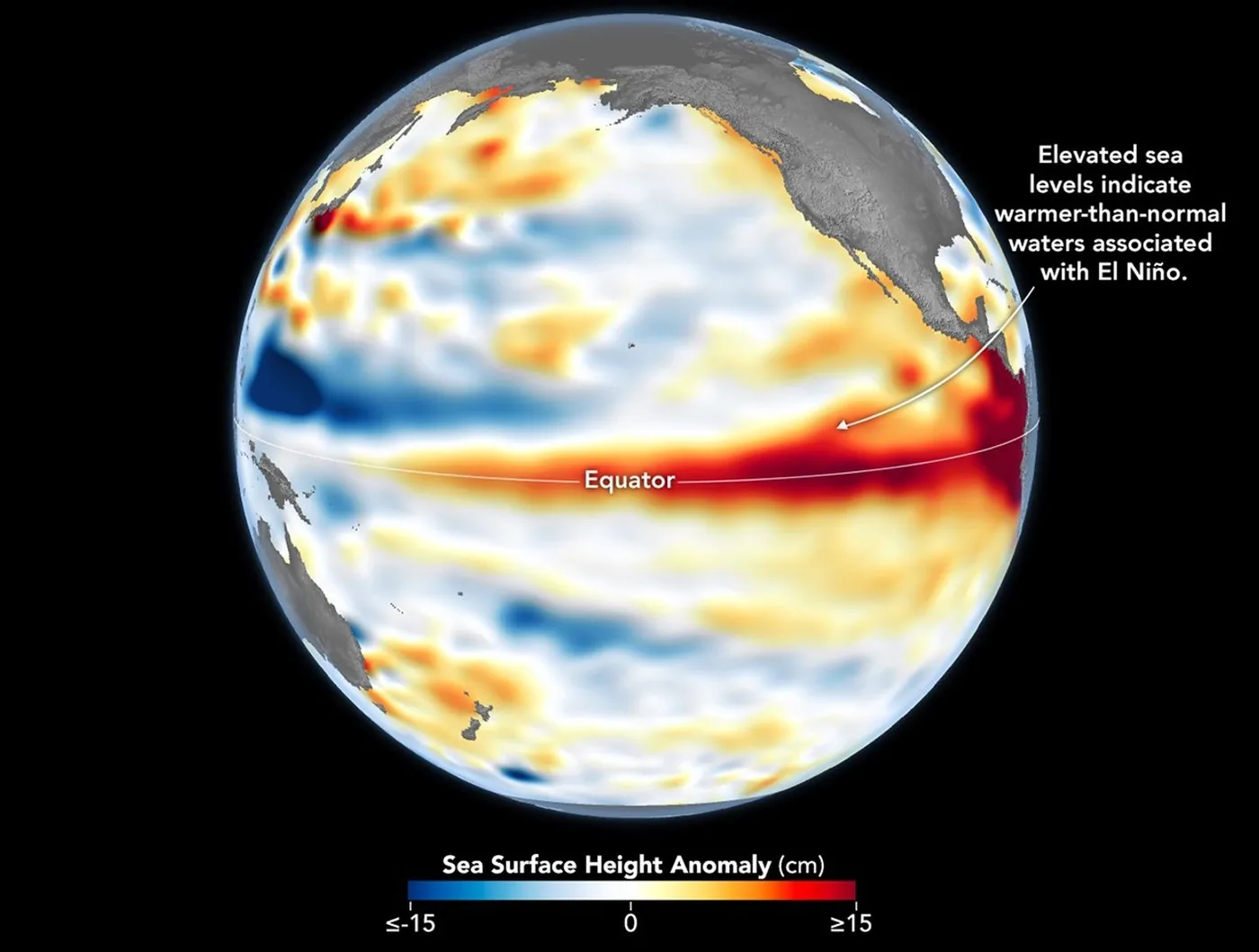 A NASA satellite observation map displaying sea surface height anomalies and elevated water levels across the equatorial Pacific Ocean.