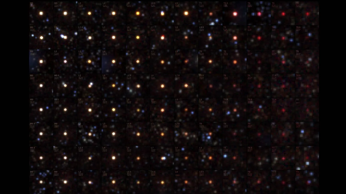 A grid of observations organizing brown dwarfs by spectral type and temperature.