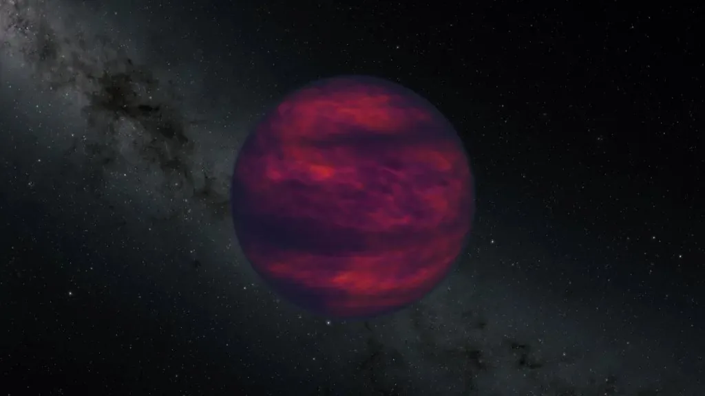 An artist concept of an isolated brown dwarf drifting through space.