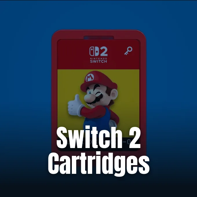 A stylized mock red Nintendo Switch 2 game cartridge featuring Mario set against a solid blue background.