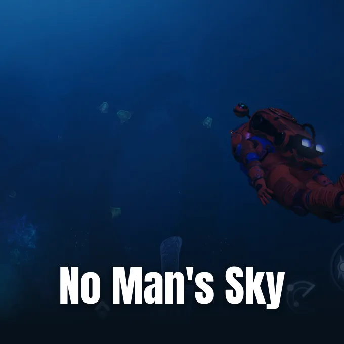 An astronaut in a red spacesuit explores the deep blue underwater environment of an alien planet