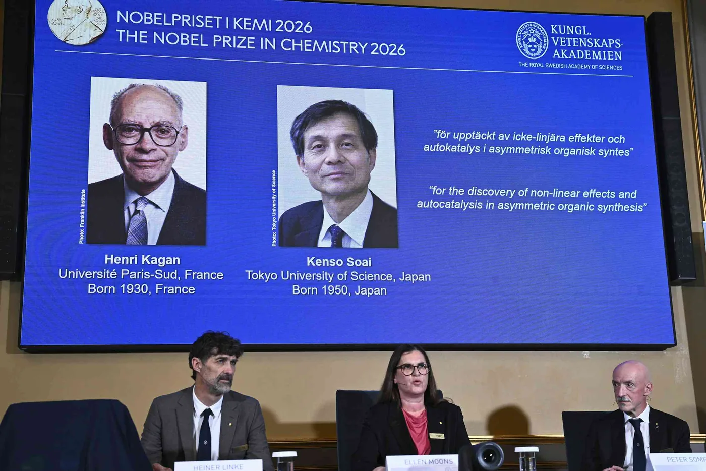 Members of the Nobel Committee for Chemistry announcing the 2026 chemistry laureates in Stockholm.