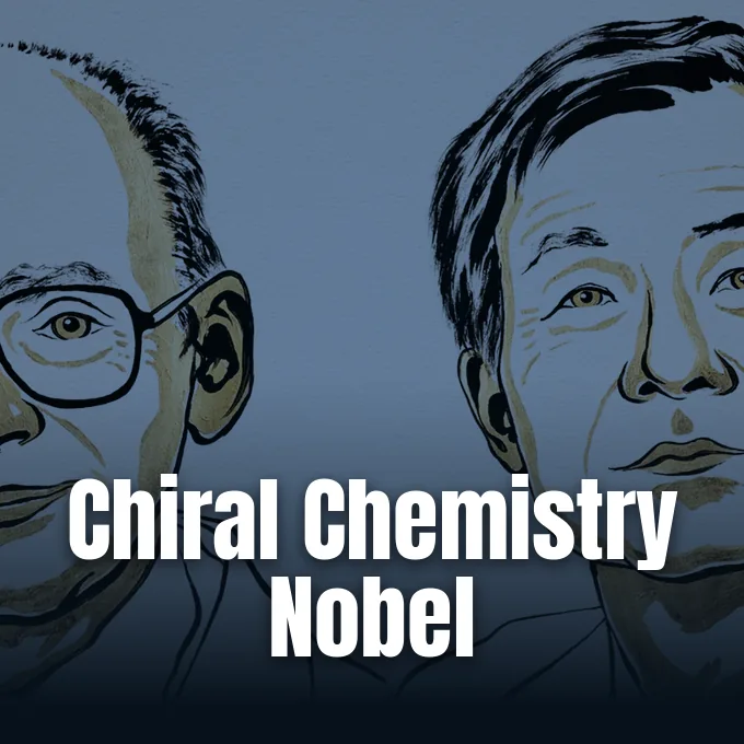 Illustrated portraits of Nobel Prize laureates Henri Kagan and Kenso Soai side by side.