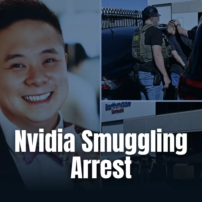 Editorial photo from The Register covering the federal Nvidia chip smuggling indictment and arrest.