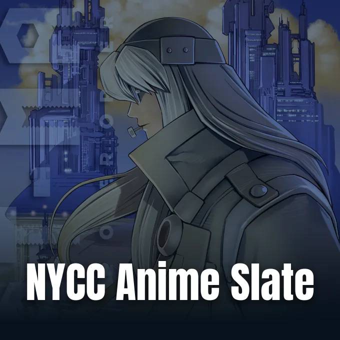 An anime character with long hair wearing a coat against a futuristic city background