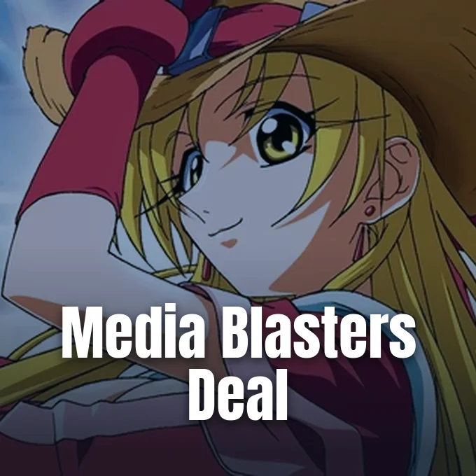 A blonde anime girl wearing a brown hat and pink glove posing outdoors under a blue sky.
