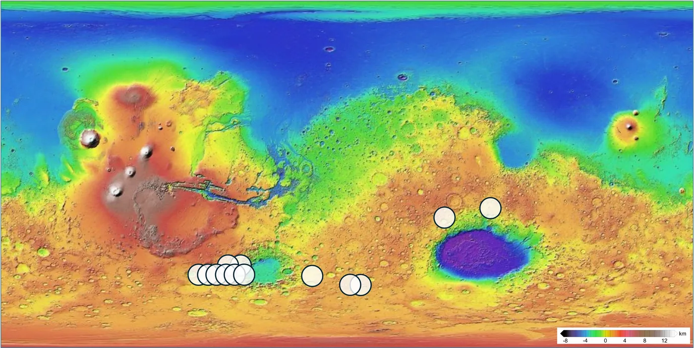Topographic map of Mars indicating candidate source locations for the meteorite.