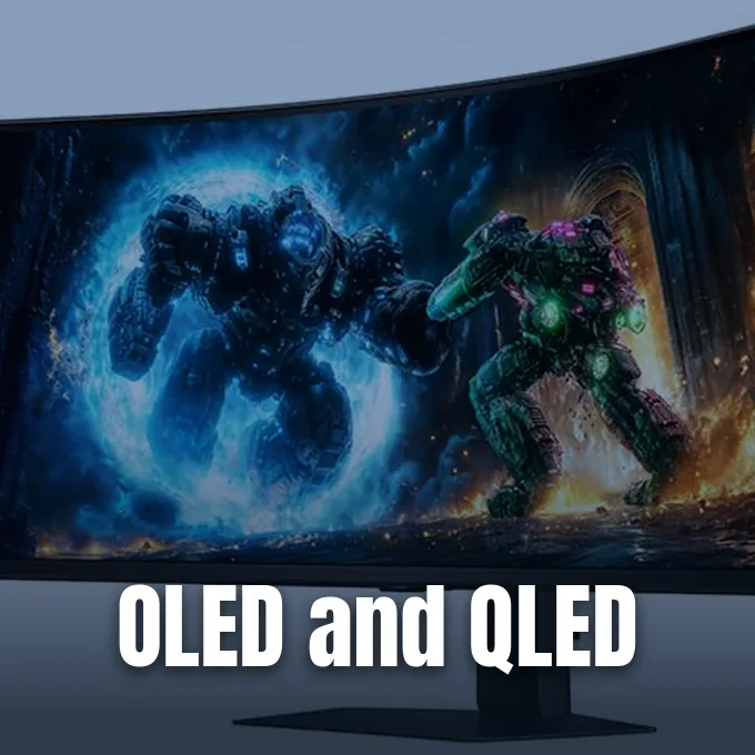 A curved high-end gaming monitor displaying vibrant and high contrast futuristic mecha robots on screen.